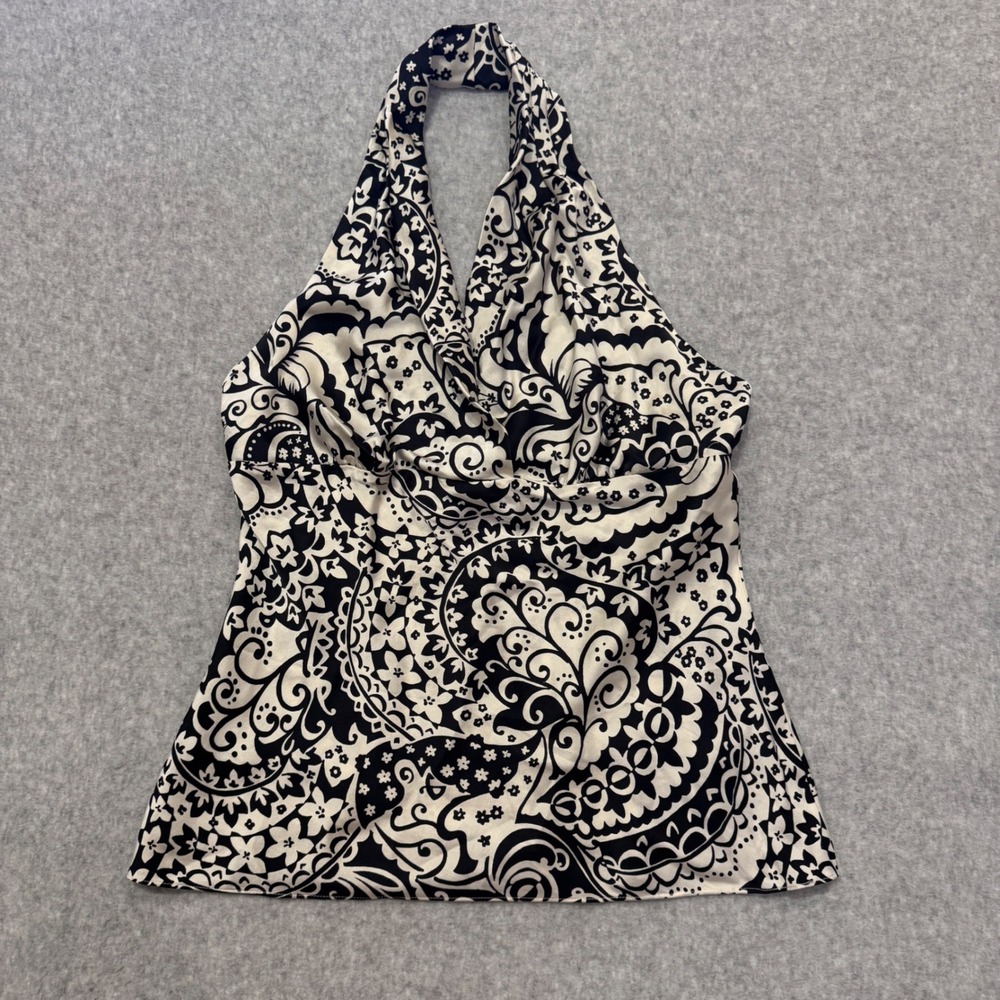 Y2K Express Silk Blend Halter Top Black White Paisley Floral Print Size M